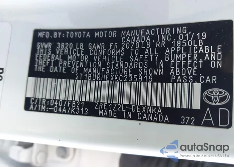 2019 Toyota Corolla Le z USA, uszkodzony, nr VIN 2T1BURHEXKC235919